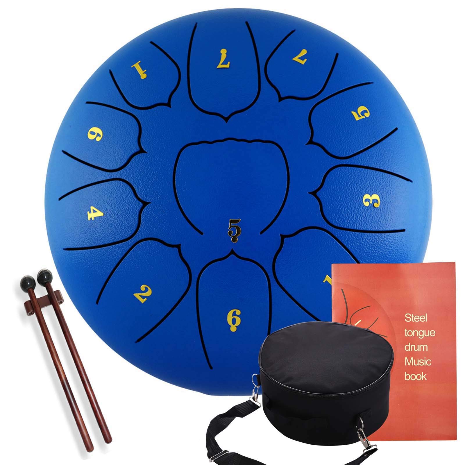 Stalowy bęben językowy, 11 notatek 10 cali Handpan bębny Instrument perkusyjny z wyściełaną torbą podróżną, młotki, naklejki na notatki, książka muzyczna, dla początkujących, niebieski
