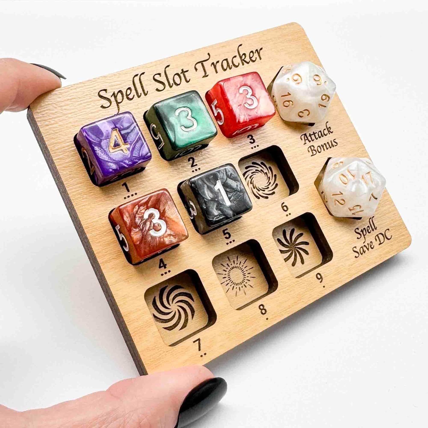 Dice Spell Slot Tracker Tool, TTRPG Caster Board, Handmade Wooden Magic Combat Counter with Dice, DND Accessory Gift for Wizard Sorcerer Cleric
