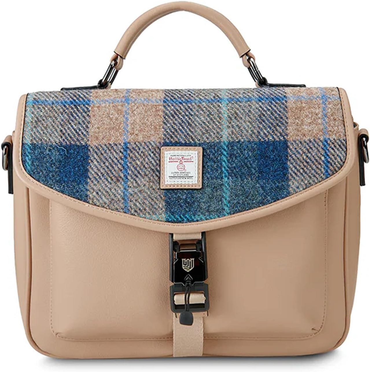 Islander Harris Tweed Laptop Bag, Vegan Leather Trim, Adjustable Crossbody Strap, 11.81 x 7.87 x 2.75 in