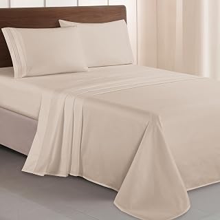 Elegant Comfort Queen Cream Microfiber 4-Piece Sheet Set - 1500 TC Hotel Quality, Wrinkle Fade Resistant, 3-Line Embroidered