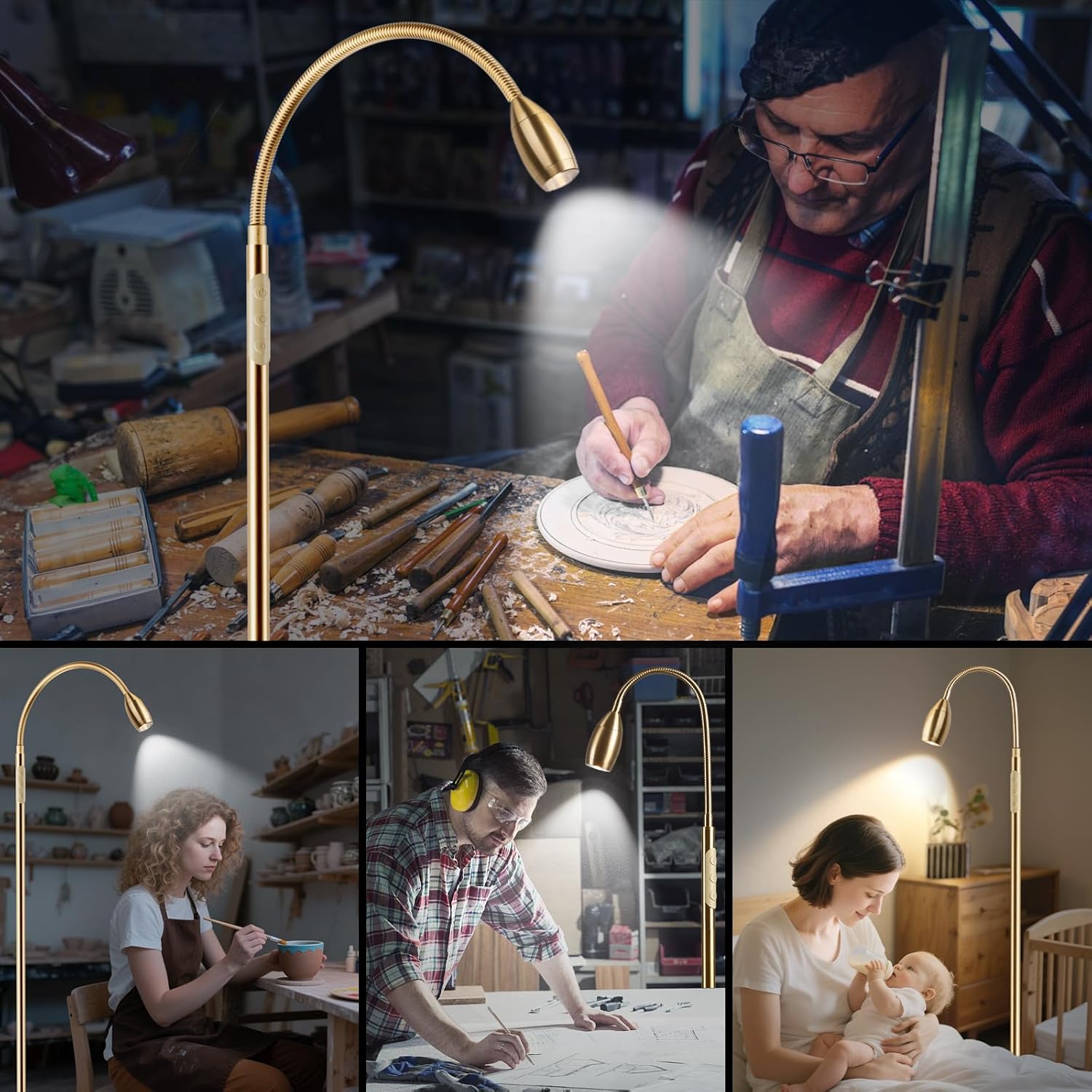 Reading Floor Lamp, 72" Tall LED Lamp with Flexible Gooseneck, Dimmable Zoomable Spotlight, Adjustable Color Beam Standing Lamp, Touch & Remote Control, Task Craft Bedroom Living Room (Antique Brass)