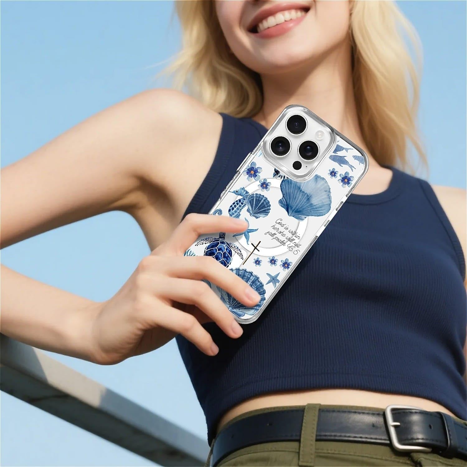 for iPhone 16 Pro Case, Clear with Ocean Turtle Shell Collage Pattern Campatible with Magsafe Soft Protective Case for Women Girl (White) - Image 7