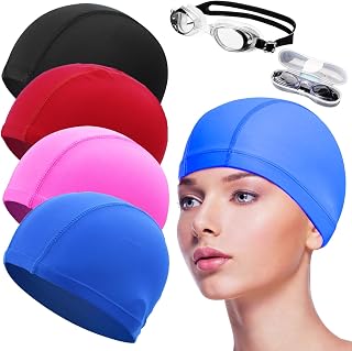 4 Stück Elastische Badekappen für Erwachsene mit 1 Schwimmbrille