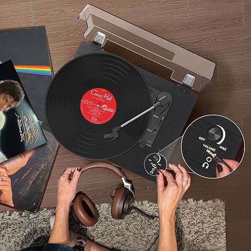 Miniatura 5 de Tocadiscos de vinilo Bluetooth con altavoces estéreo incorporados, transmisión por correa, tocadiscos de 3 velocidades para discos de vinilo,