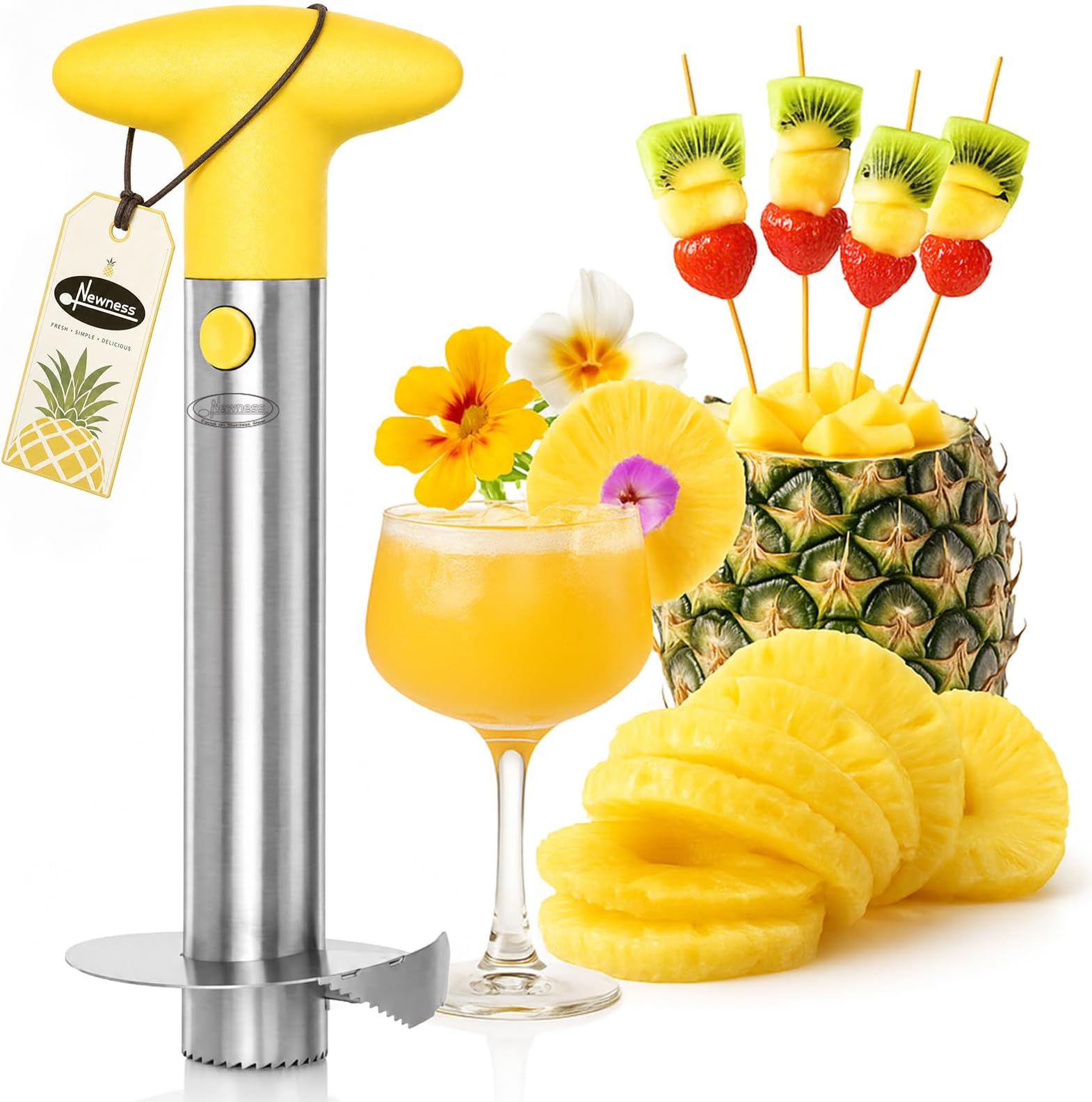 Pineapple Corer, [Upgraded, Reinforced, Thicker Blade] Newness Premium Pineapple Corer Remover, Stainless Steel Pineapple Core Remover Kitchen Tool with Sharp Blade for Diced Fruit Rings, Yellow
