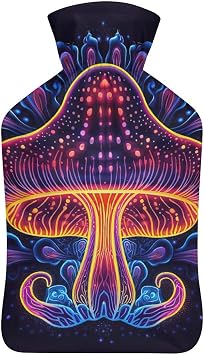 Hot Water Bottle with Soft Cover, Trippy Mushroom 1L Warm Water Bag for Menstrual Cramps, Fantasy Plant Neck And Shoulder Pain Relief, Ideal for Hand & Feet Warmer for Kids, Men & Women, Hot & Cold Co
