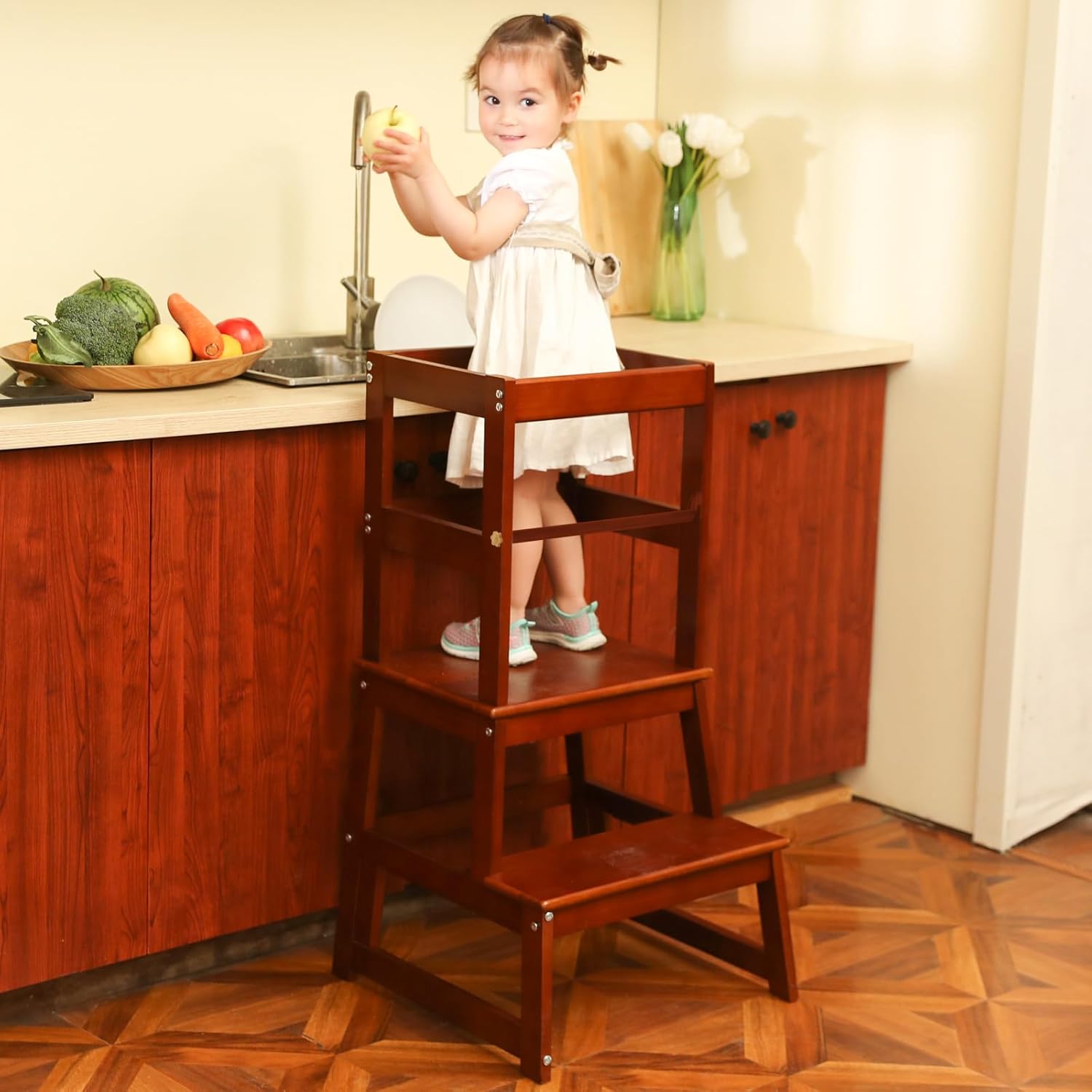 Kids Kitchen Step Stool for Kids with Safety Rail,Solid Wood Construction Toddler Learning Stool, Montessori Toddlers Kitchen Stool Tower (Walnut)