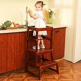 Kids Kitchen Step Stool for Kids with Safety Rail,Solid Wood Construction Toddler Learning Stool, Montessori Toddlers Kitchen Stool Tower (Walnut)