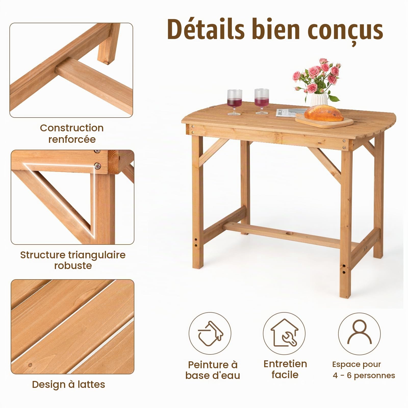 KOMFOTTEU Table de Jardin pour 4-6 Personnes, Table d’Extérieur en Bois de Sapin avec Trou de Parasol, pour Patio, Balcon,Terrasse, Charge de 180 kg, 100 x 60,5 x 75 cm, Naturel