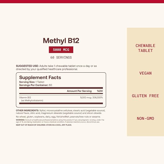Jarrow Formulas Methyl Vitamin B12 5000 mcg - 60 Chewable Tablets, Naturally Fruit Flavored- Bioactive B12 Vitamin - Supports Cellular Energy Production, Brain Health & Metabolism - 60 Servings