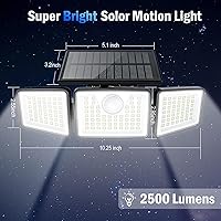 Vista 8 de 2500LM Solar Lights Outdoor with Motion Sensor,3 Head 270° Wide Angle Street Area Lights,IP65 Waterproof Security Lighting with 3 Modes(Non-Remote,1
