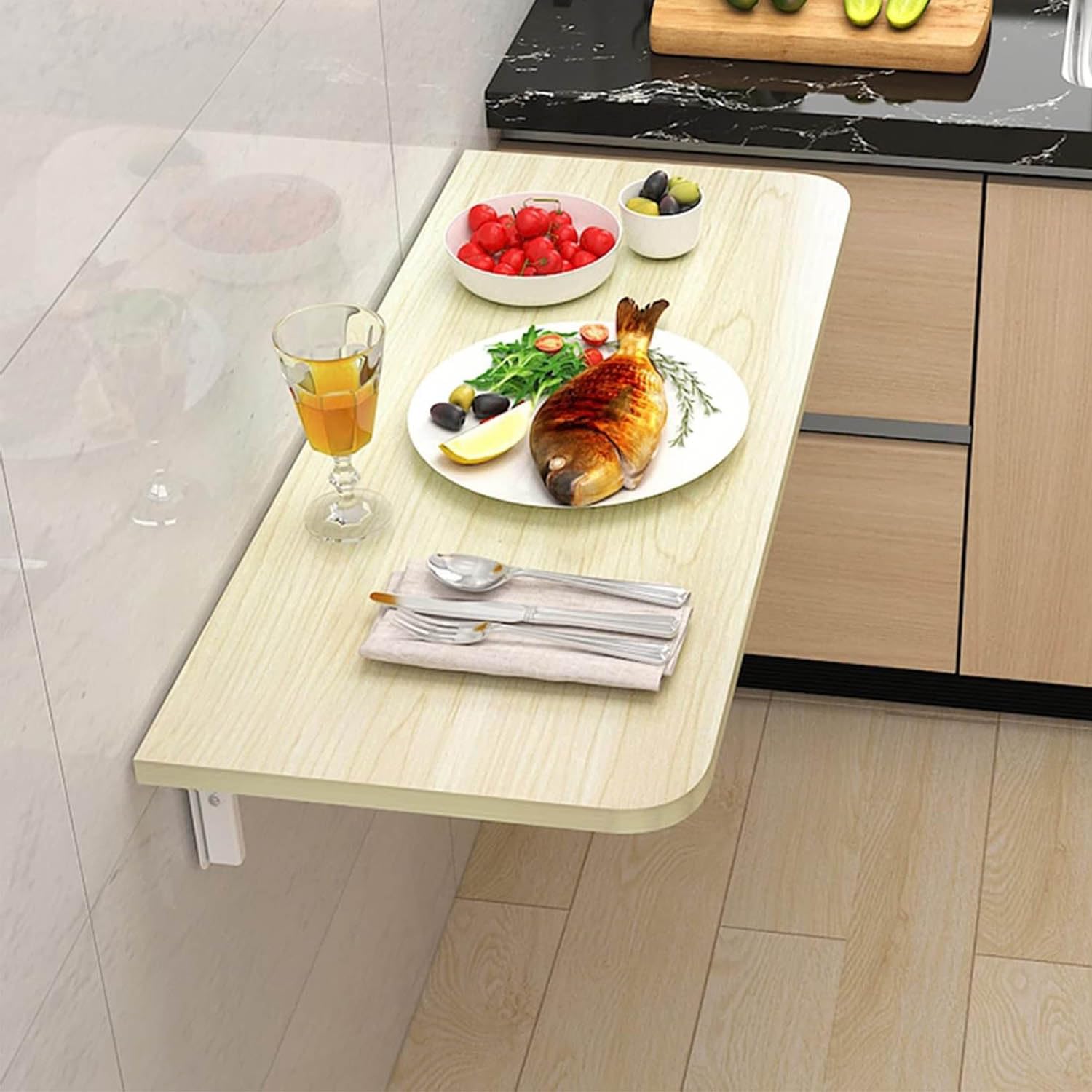 Table pliante murale finition érable avec plateau abattant robuste