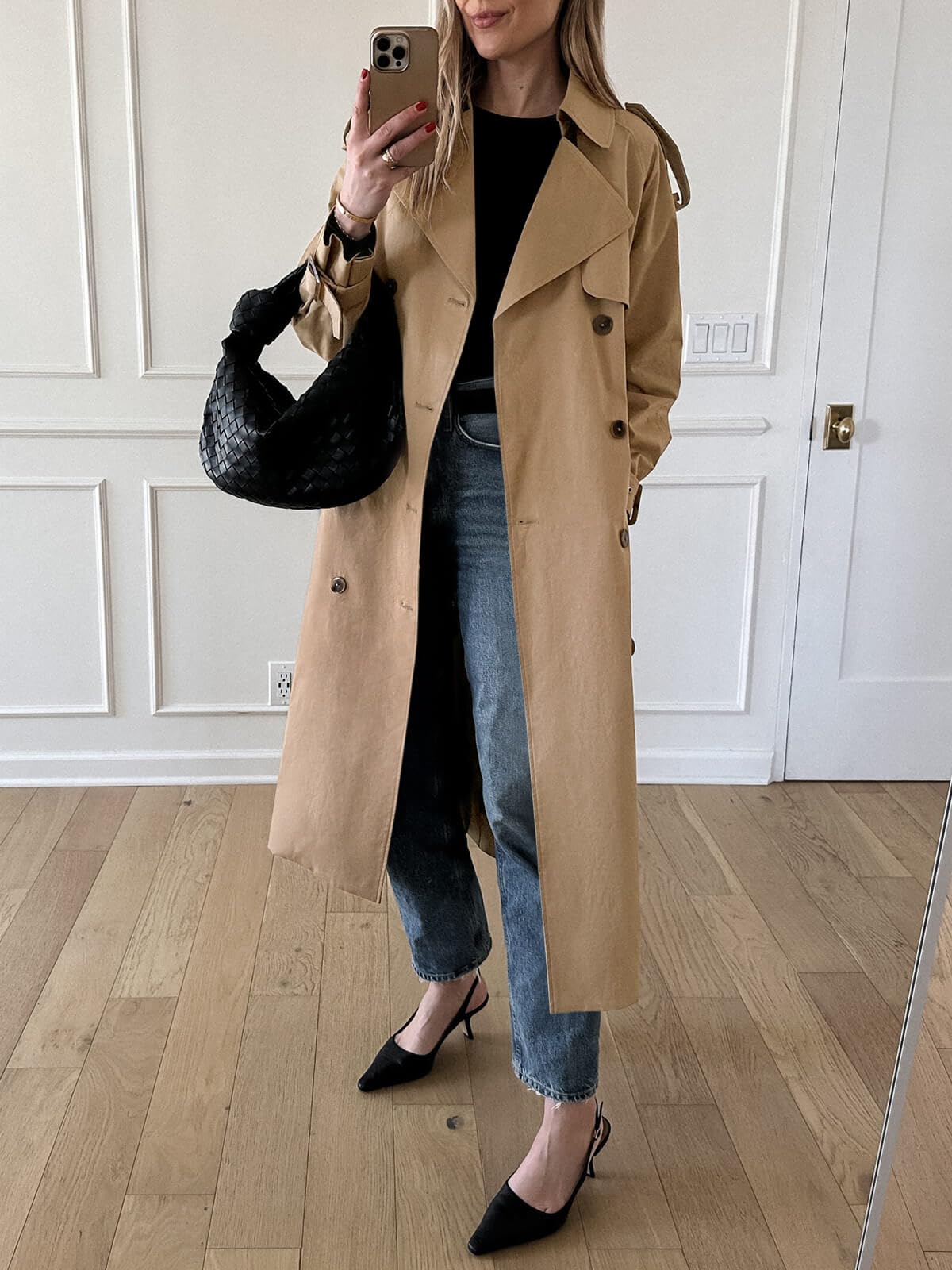 Cicy Bell Langer Damen-Trenchcoat, zweireihig, klassischer Revers, Herbstmantel mit Gürtel