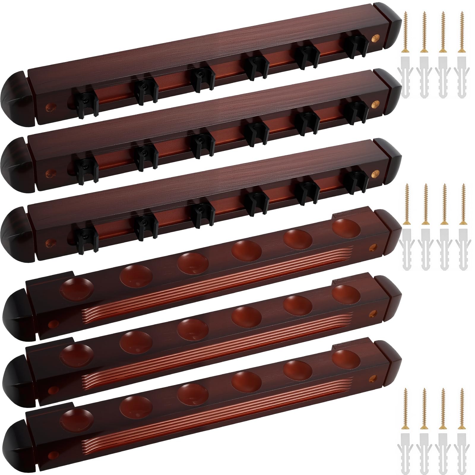 spaclatio 6-Piece Wall-Mounted Wooden Pool Cue Rack, Hardwood Billiard Stick Holder for 6 Cues, Billiard Table Accessories, Pool Cue Holder Perfect for Organized Cue Storage
