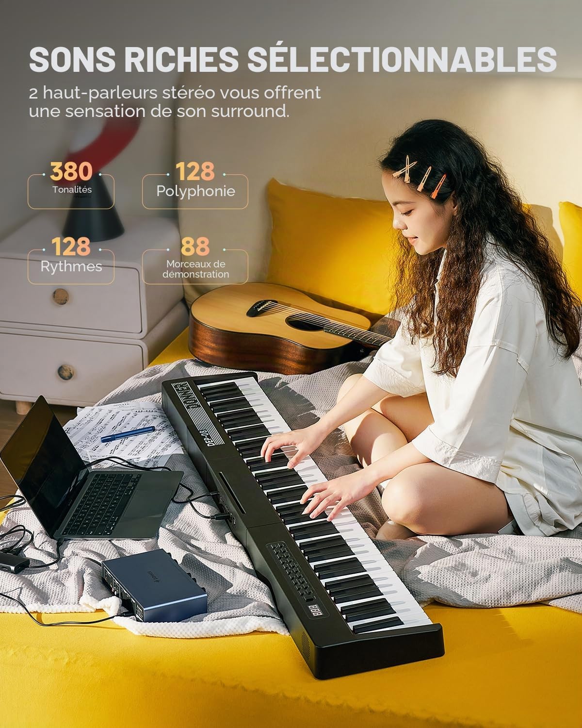 Donner Clavier numérique 88 touches sensibles à la vélocité avec support amovible, piano électrique compact pour débutants avec mode Split, affichage LED et triple pédale, DEP-08