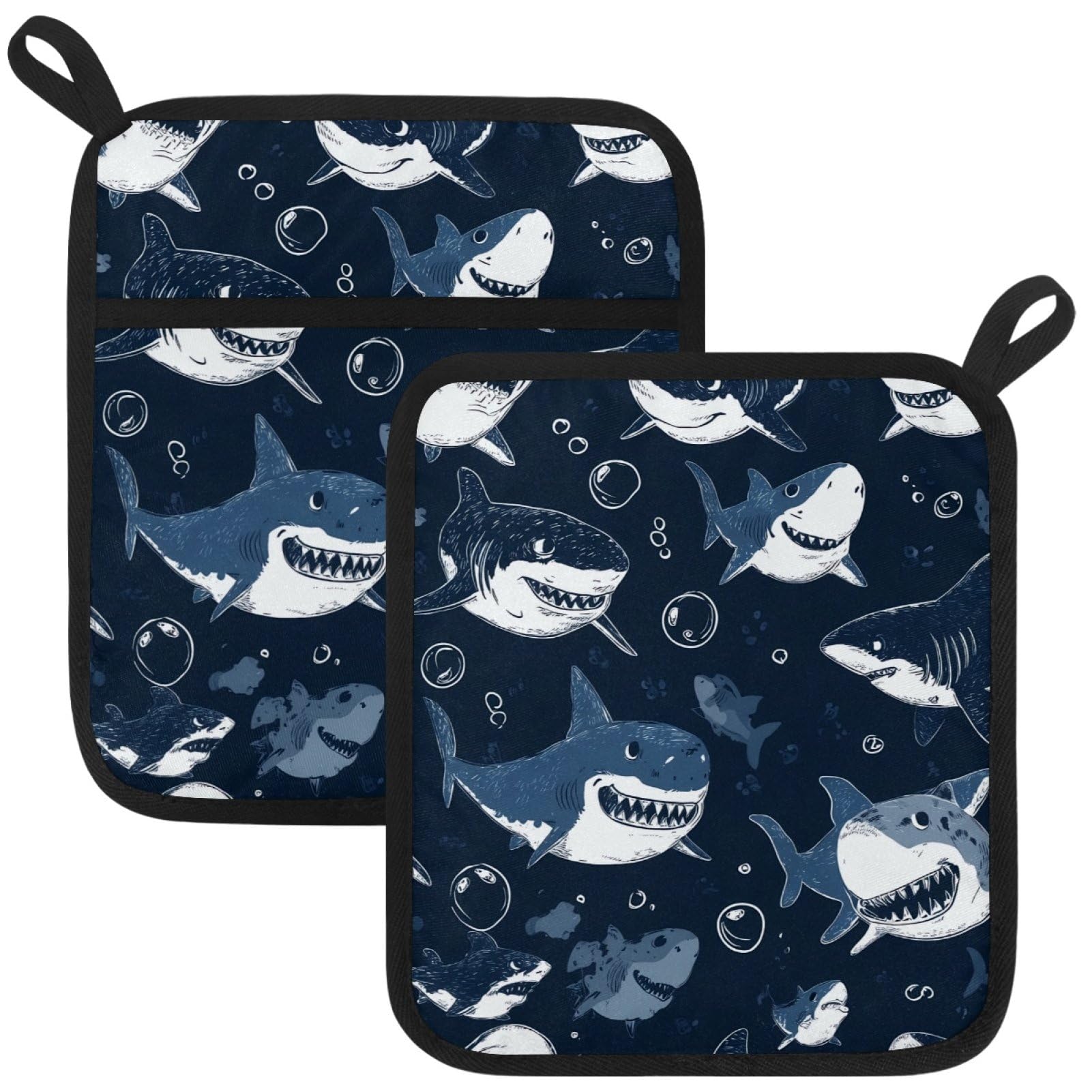 VAPOKF Cartoon Sharks Pot Holders with Pocket for Kitchen Heat Resistant Potholders Large Polyester-Cotton Square Oven Mitts Set