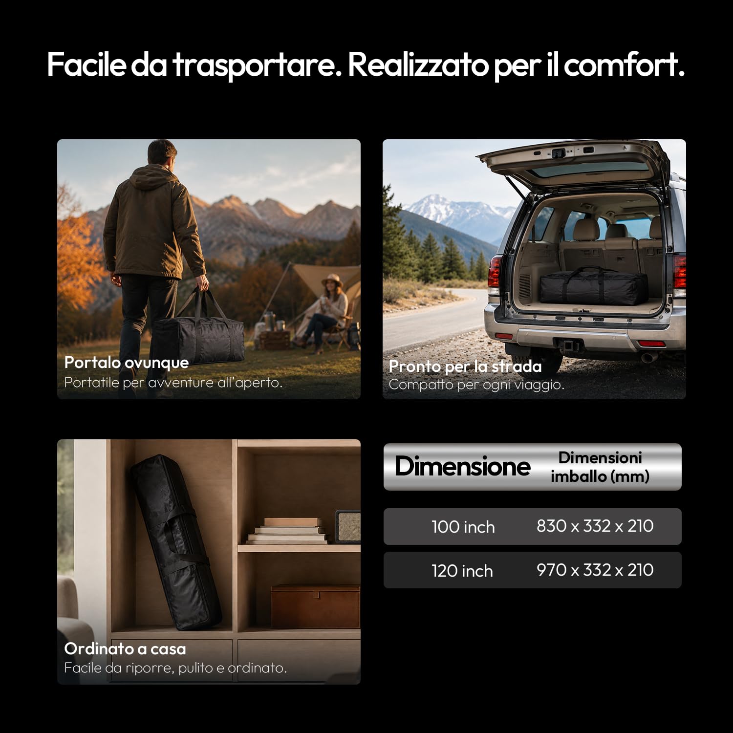 Schermo per Proiettore da Esterno con Treppiede, Portatile e Pieghevole, 4K UHD 16:9, Telaio in Alluminio, Gain 1.3, per Campeggio, Giardino e Home Cinema, 100 Pollici