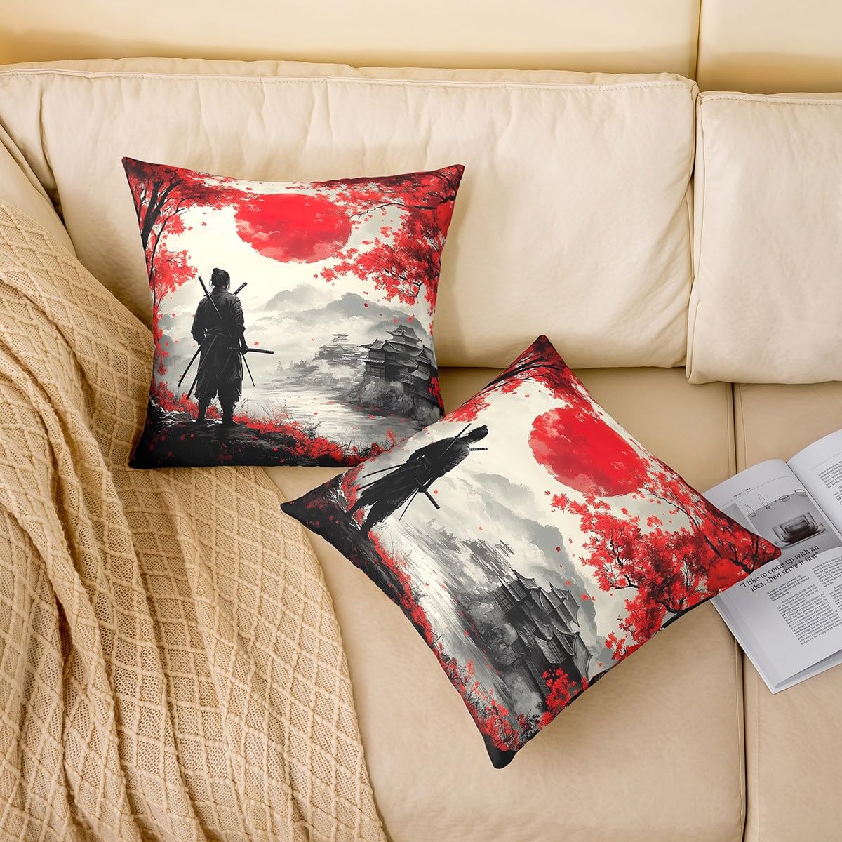 jejeloiu Red Black Japanese Throw Pillow Covers 16 x 16