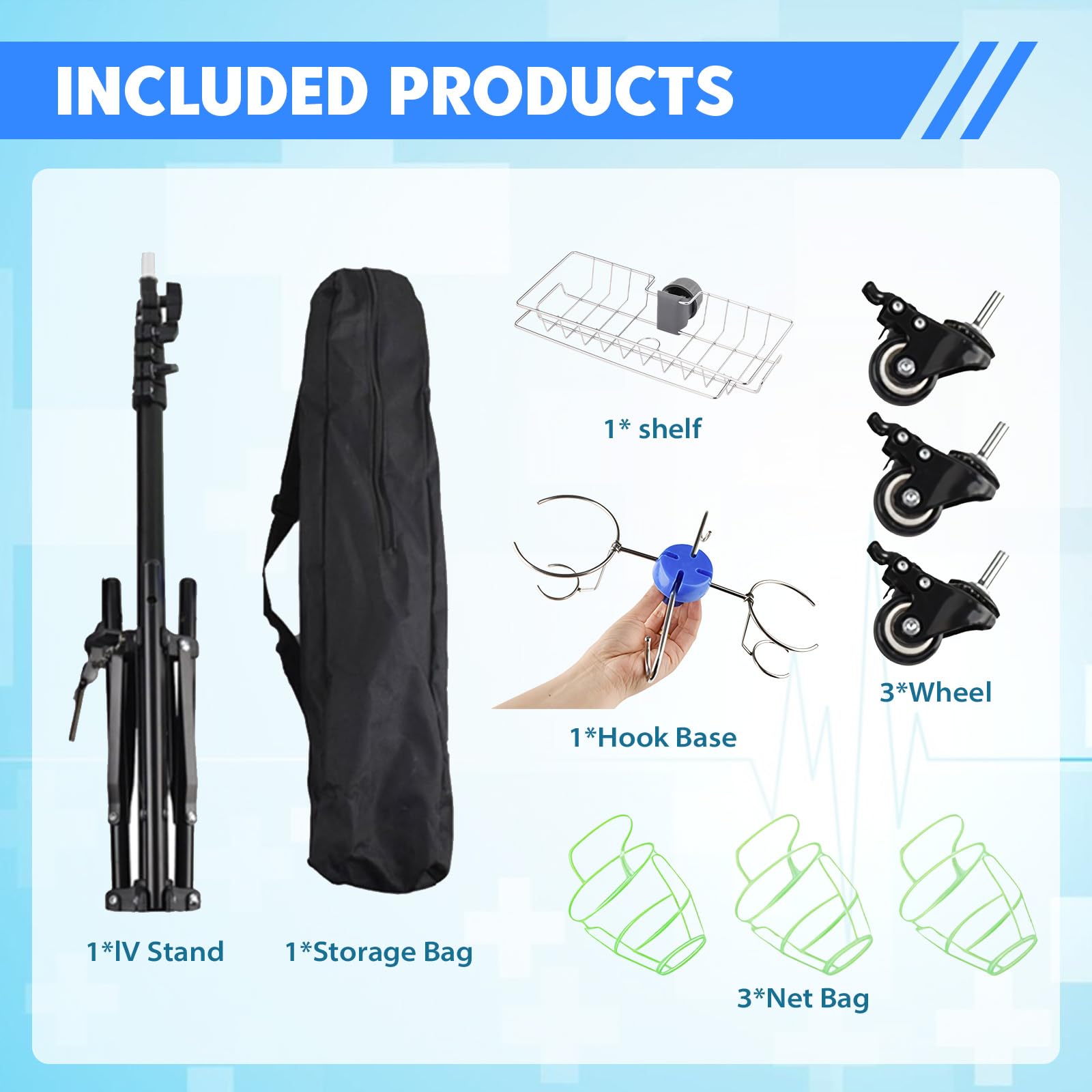 Support à perfusion réglable avec roulettes, support portable pour perfusion, petit support pliable avec 4 crochets, 3 poches en filet, panier de rangement