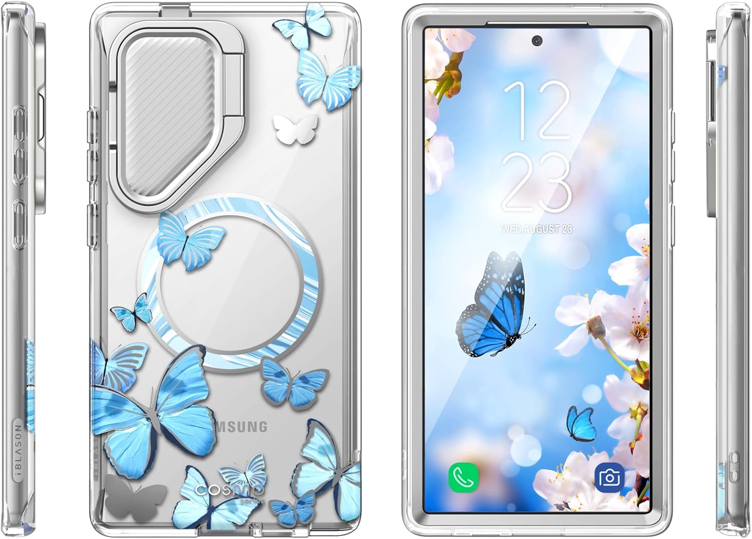 i-Blason Cosmo for Samsung Galaxy S24 Ultra Case with Camera Cover Stand, [Support MagSafe] Stylish 360 Full Case with Screen Protector & Kickstand Magnetic Phone Case for S24 Ultra, Bluefly