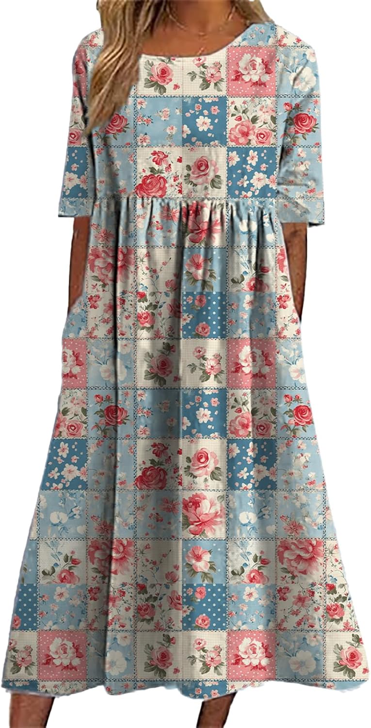 HOTYD Womens Boho Floral Dress Summer Short Sleeve Pleated Dress Loose Flowy Midi Dresses Beach Dress with Pockets