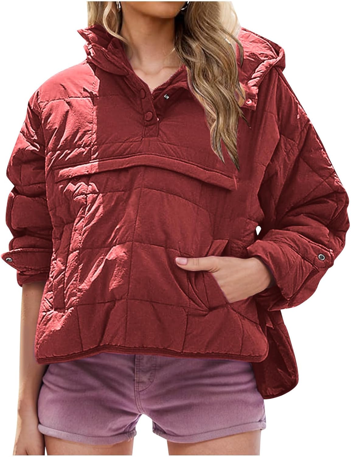 Borniu Women's Quilted Pullover Puffer Jacket Packable Hooded Oversize Winter Coat Tops Lightweight Down Jacket Outerwear