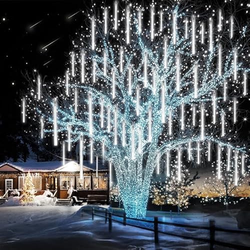 PEMOTech Meteor Shower Lights Outdoor(27.7ft), 8 Tubes 12" 288 LED Halloween Christmas String Lights for Christmas Decoration, Christmas Lights Indoor Outdoor for Party Festival Tree, Cool White