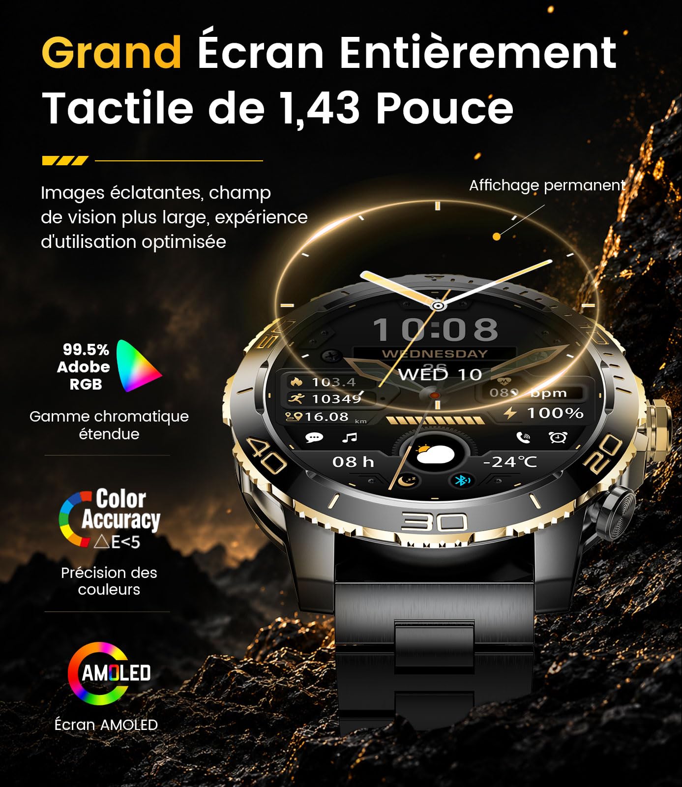 DREMAC Montre Connectée Homme 800 mAh Batterie, 1.43'' Amoled Montre Intelligent avec Fréquence Cardiaque/Suivi de Sommeil, IP68 Smartwatch avec 200 Modes Sportifs pour iOS/Android, 2 Bracelets
