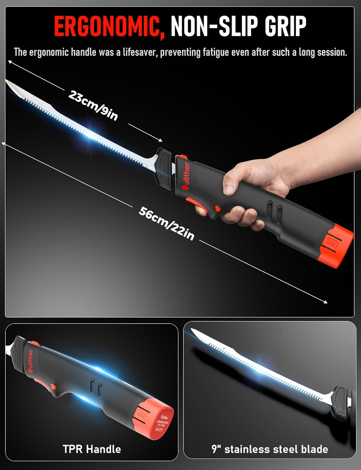 Electric Knife with 9" Stainless Steel Blades, 27500 RPM Motor Rechargeable Cordless Electric Fillet Knife with Non-slip Grip Handle and Safety Lock,Type-C Charge, Portable Carry Case