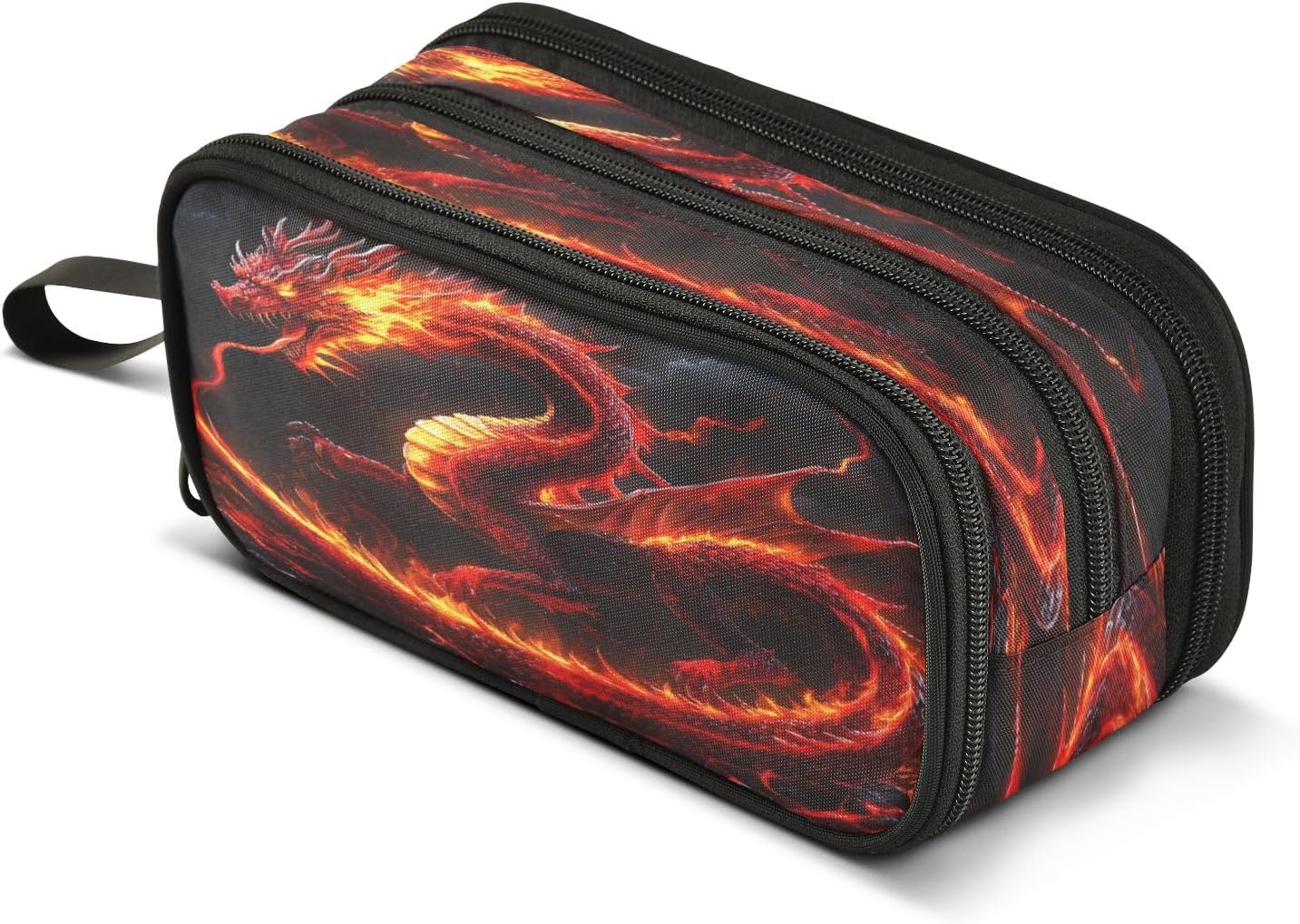 Fire Dragon Pencil Case 3 Compartment Pen Bag Pouch Holder Box School Portable Stationery Storage Bag for Girls Boys