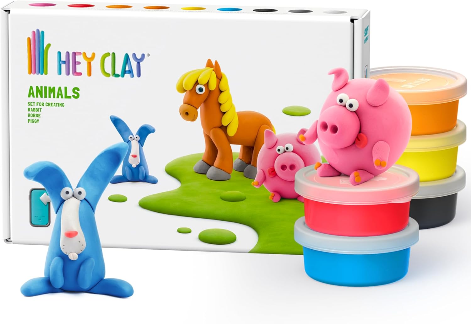 HEY CLAY Animals Air Dry Clay Kit for Kids: 6 Cans Colorful Modeling Clay with Interactive App - Piggy Horse Rabbit Age 3+