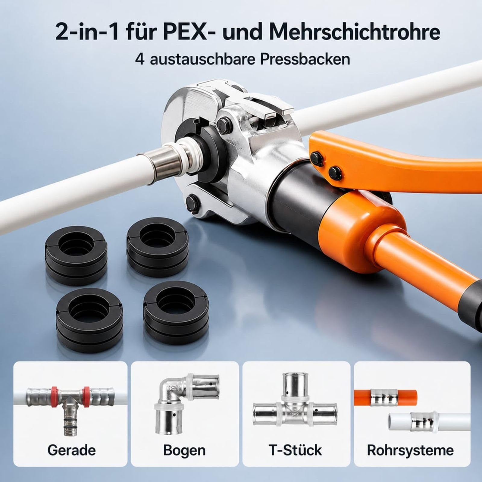 Hydraulische Presszange für PEX Aluminium Kunststoffrohre mit wechselbaren Backen und Tragekoffer für Sanitärinstallation