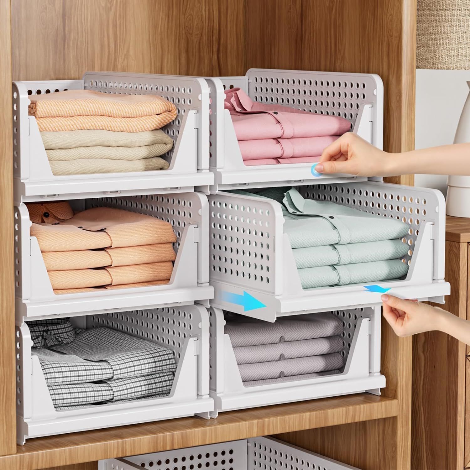6 Pieces Stackable Wardrobe Clothing Organizer for Storage/Foldable Cupboard Organizer for Clothes/Polypropylene Multipurpose Space Organizers/Adjustable Sliding Drawer (White)