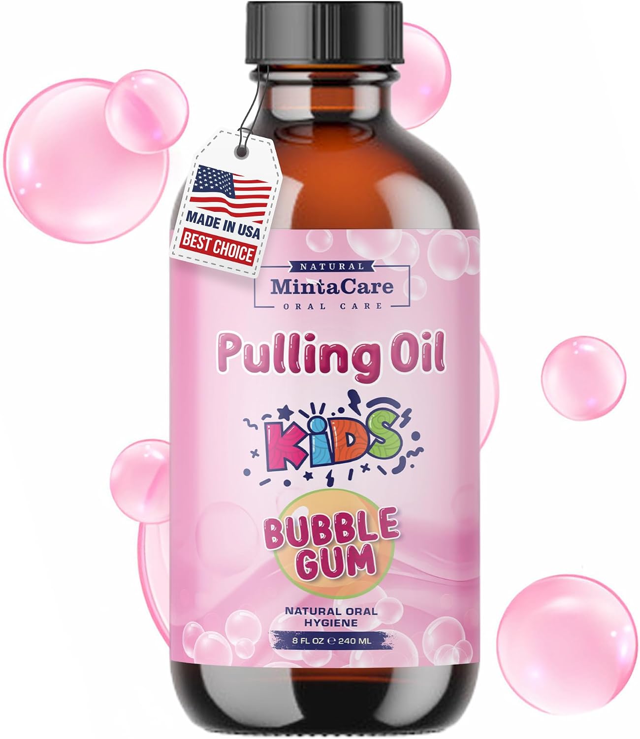 All Natural Organic Oil Pulling for Kids - Mouthwash for Gum and Oral Health - Flouride and Alcohol Free Oral Rinse - Made in USA - Bubble Gum Flavor - 8oz, Pink