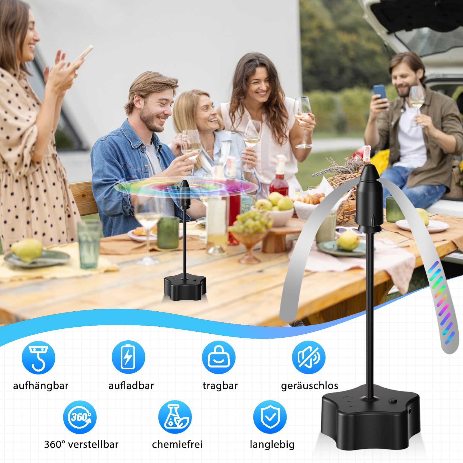 4er Fliegenwedler, USB-C aufladbar Fliegenfächer für Tische, tragbarer Fliegenabwehr Ventilator mit holografischen Reflexflügeln, leiser Fliegenvertreiber für Innen und Außen, Grillen, Picknick