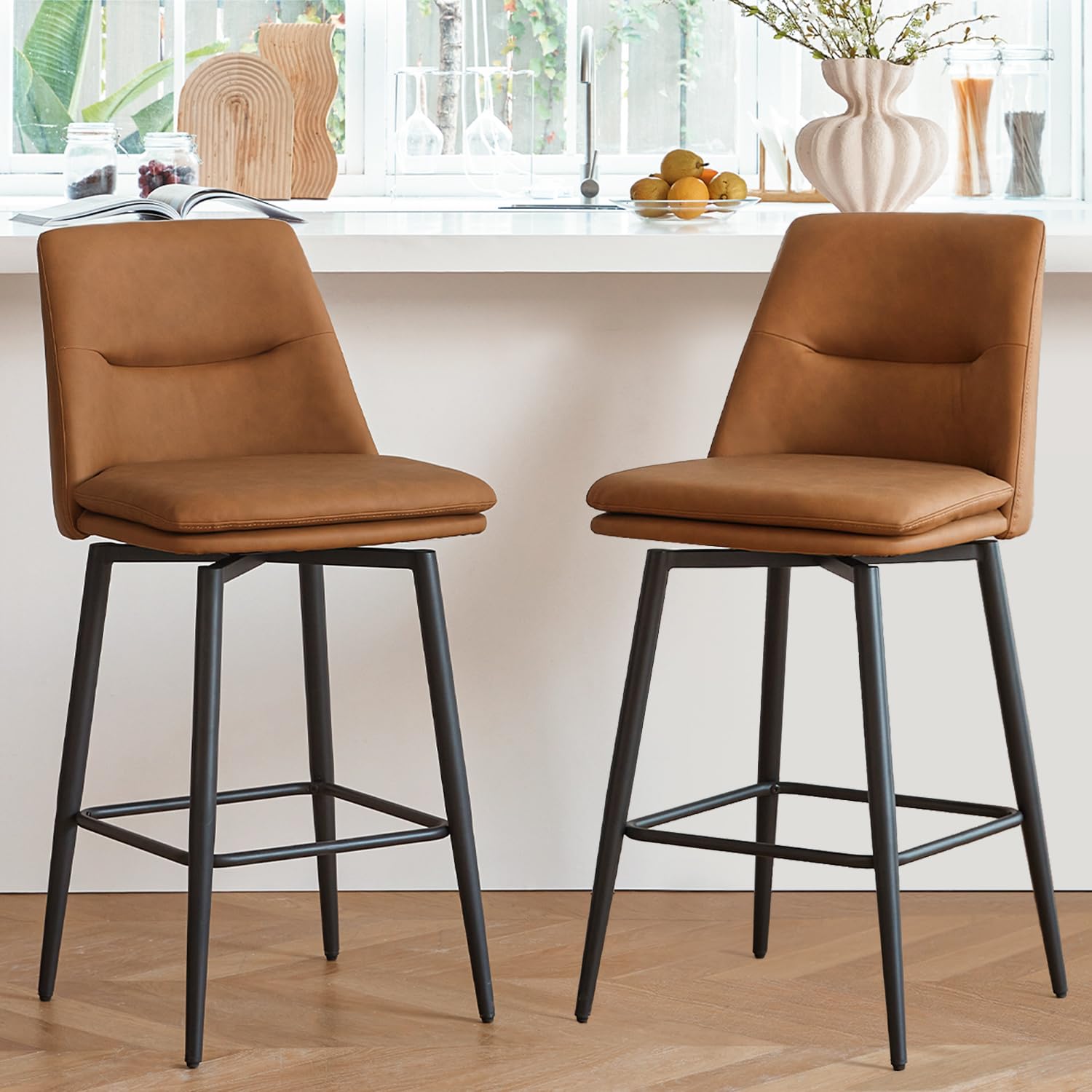 GrandNoor Brown Counter Height Bar Stools Set of 2, 26 Inch Seat Height with Back and Metal Legs, 360° Swivel Upholstered Faux Leather Swivel Bar