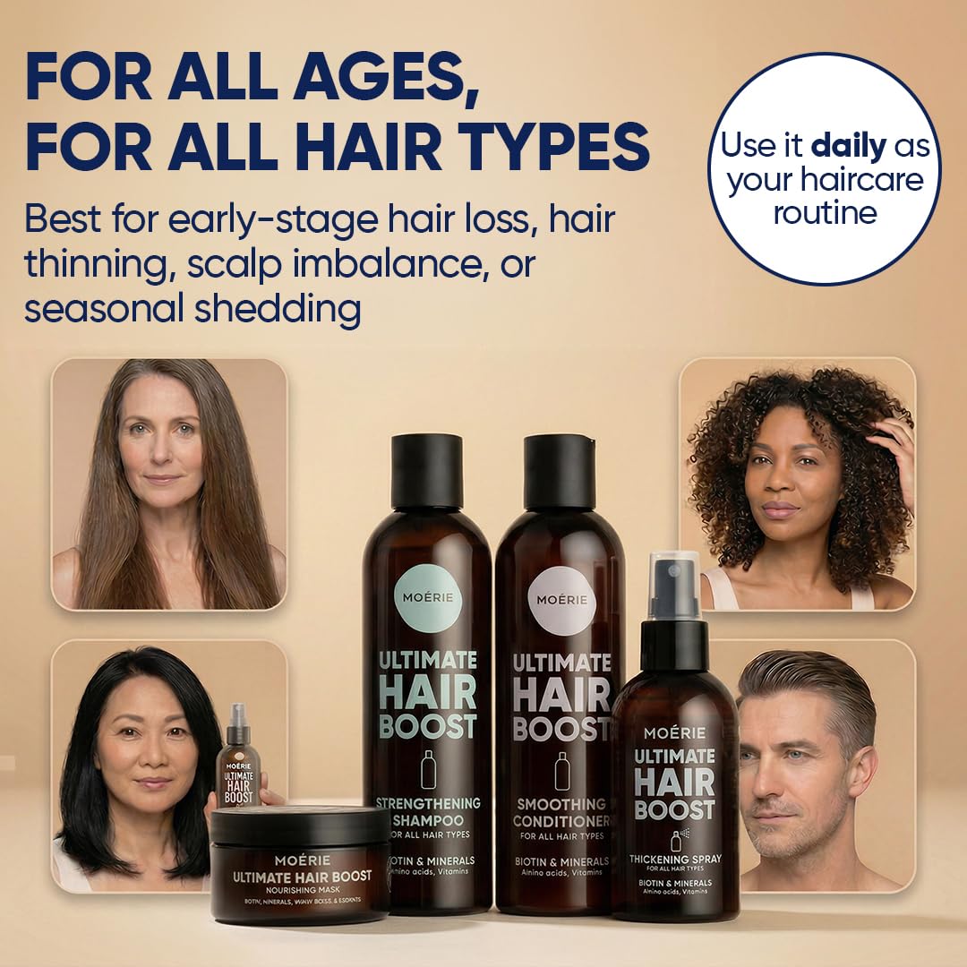 Moerie Pack Méga Minéral - Shampoing, Après-Shampoing, Masque et Spray Capillaire - Soin Ultime Pour des Cheveux Plus Longs, Épais et Volumineux - Produits Végans, Sans Paraben ni Silicone