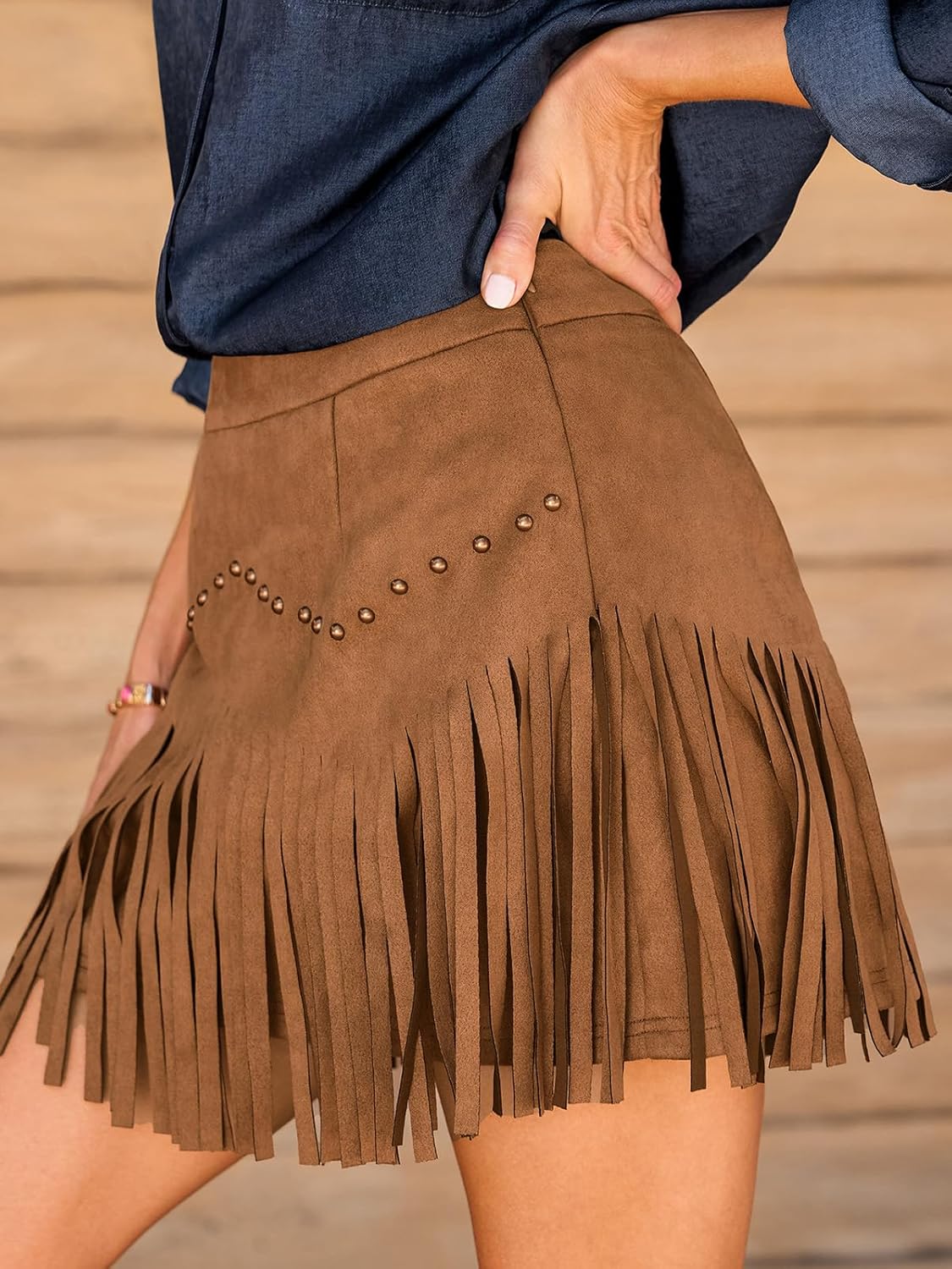 CUPSHE Skirts Women's Suede Fringe Cowgirl Country Concert Outfit Terra Cotta High Waist Fringe Mini Skirt Western - Image 5