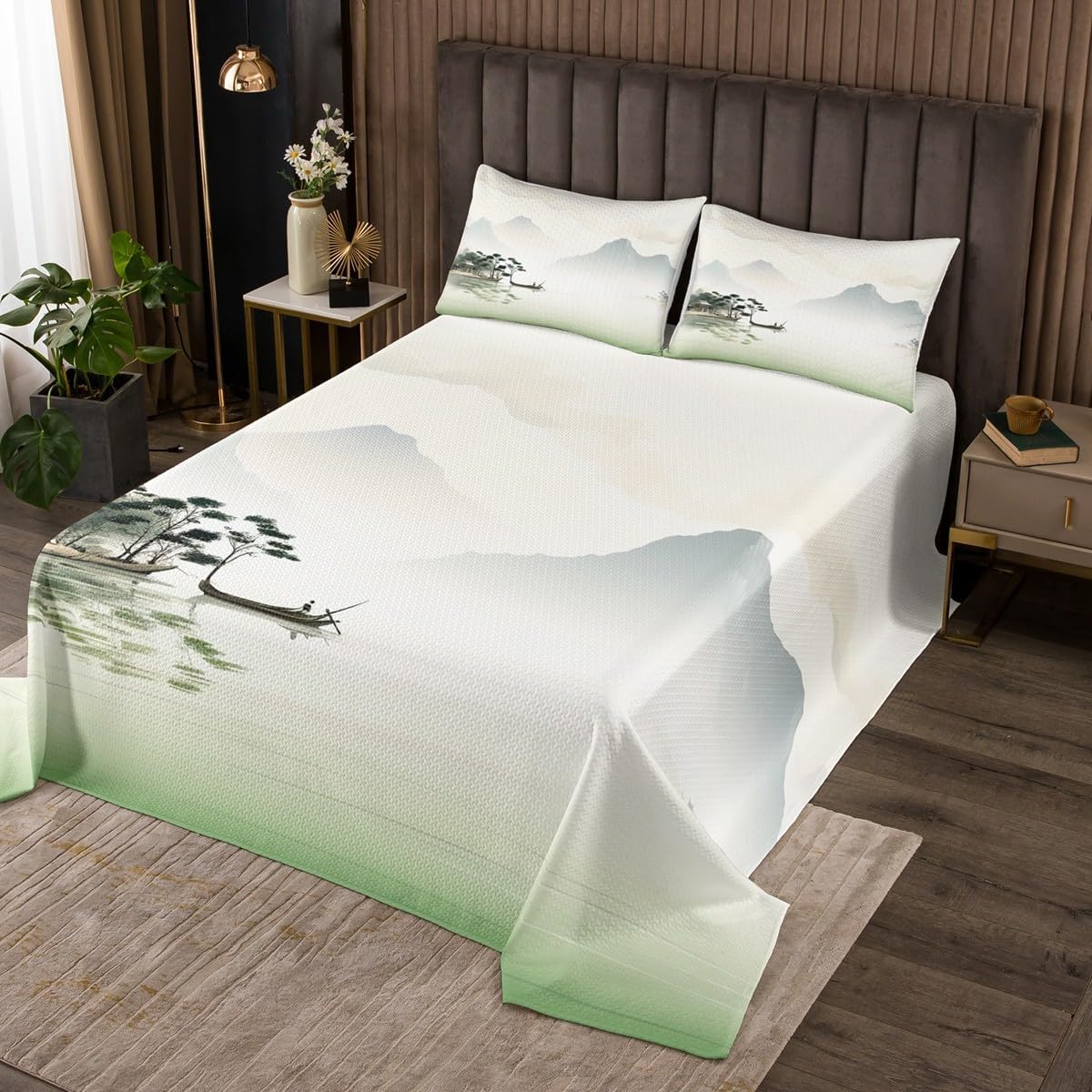 Chinese Color Painting Bedding Set,Nature Scenery Ink and Wash Theme Print Bedspread,Moutain River Wooden Cabin Comforter Set for Kids Girls Boys Exotic Lake House Style Coverlet Set,2 Pillowcases