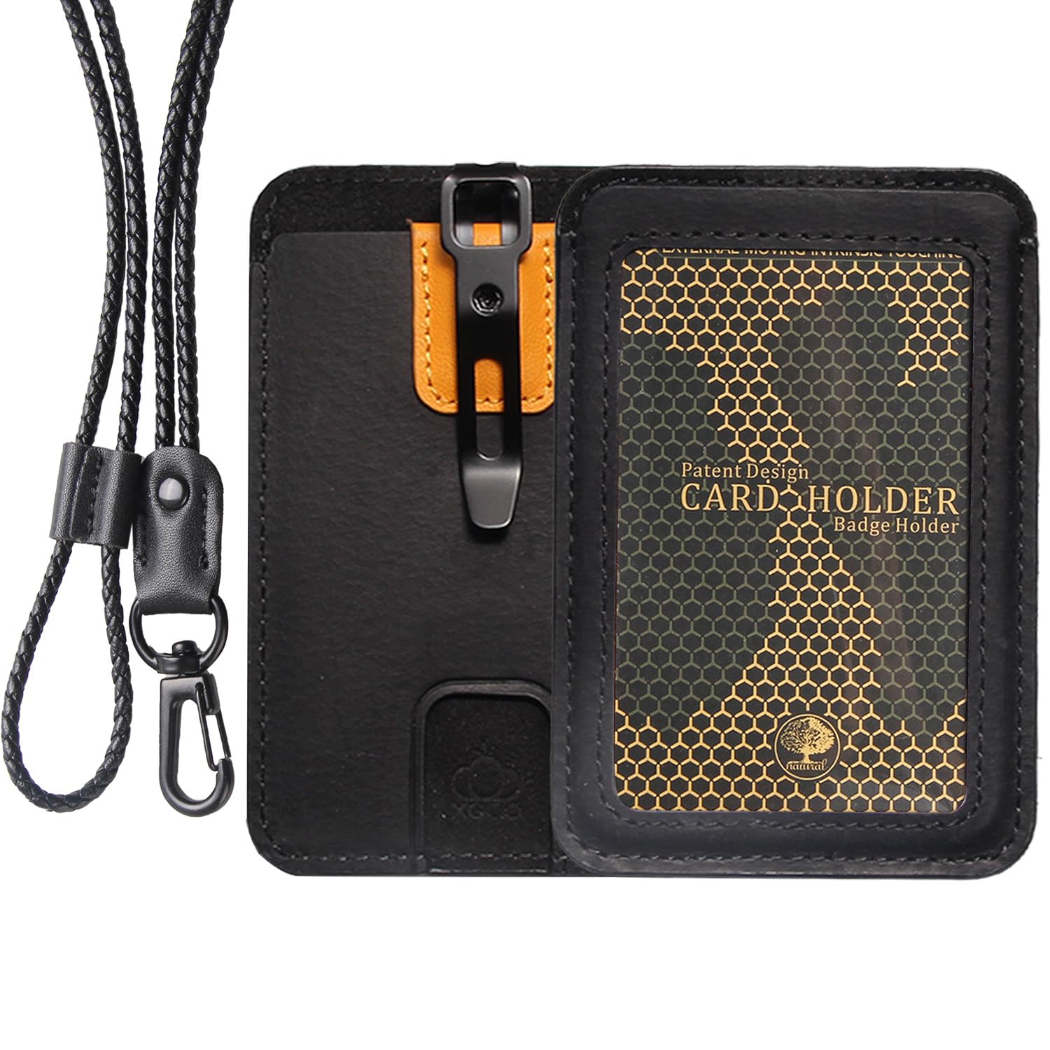 Minimalist Slim Leather Badge Holder with Lanyard for Men Women, Vertical ID Credit Card Wallet with 3 Card Slots, Metal Money Clip, for Work Office School