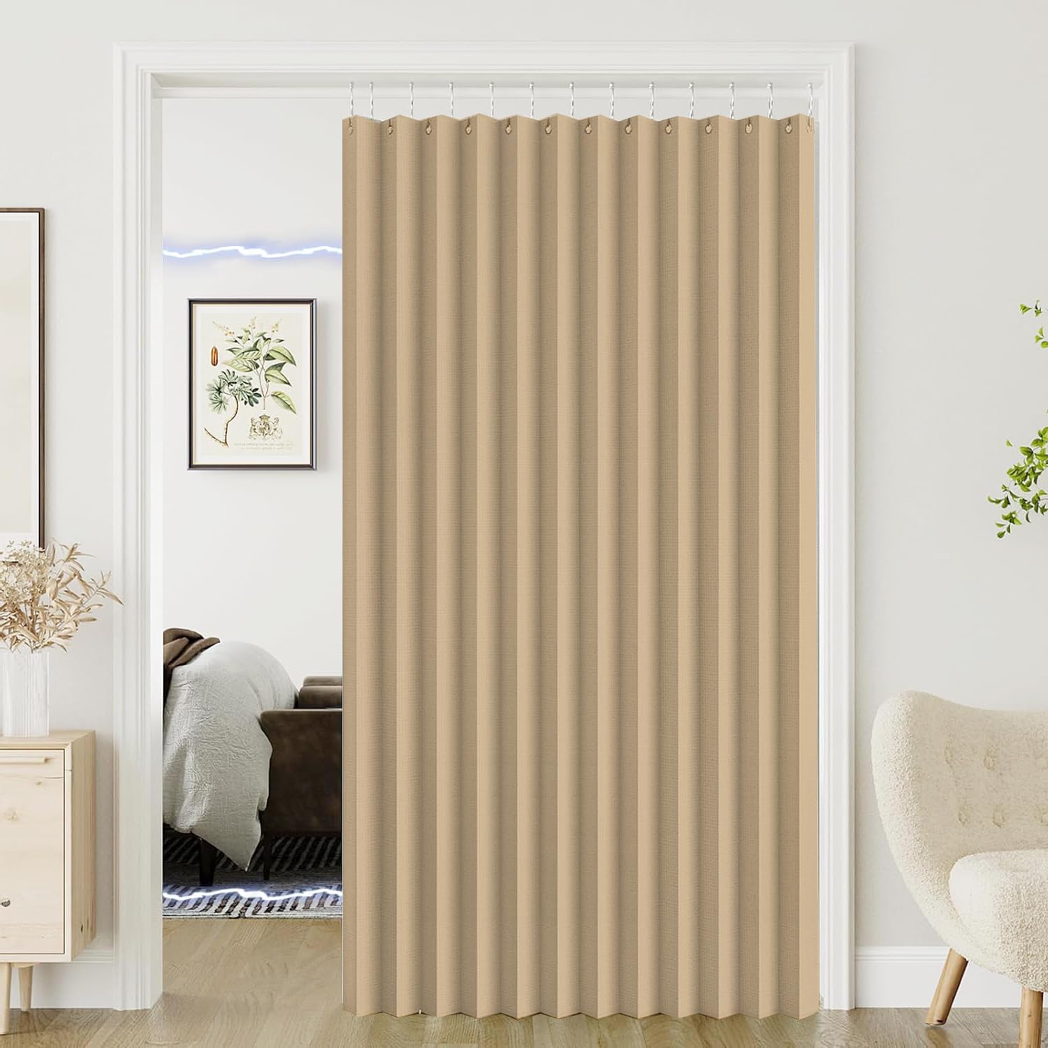 Custom folding magnetic door curtains suitable for doorways, room dividers, living rooms, bedrooms, and open closets.-Light brown- W240xH220cm — image 1