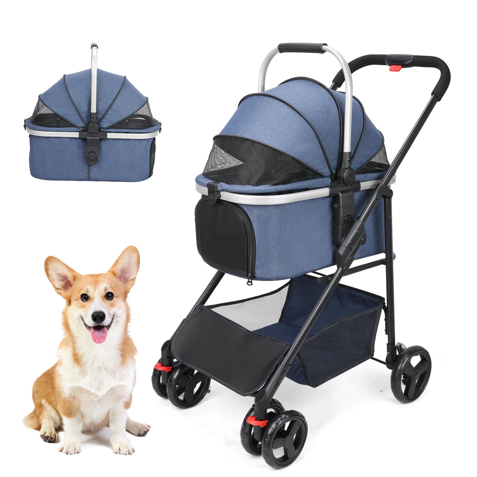 Wedyvko Pet Stroller Premium 3-in-1, Dog Pram for Small Dogs Medium Dogs 15kg Folding Lightweight Dog Stroller with Detachable Carrier &Cup Holder (Navy Blue)