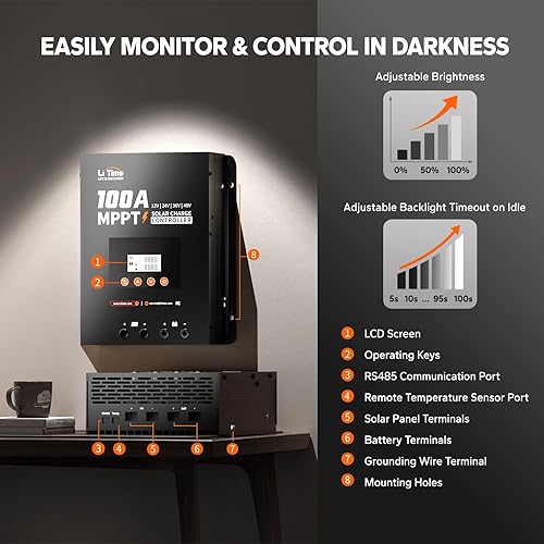 Vista 7 de LiTime MPPT Controlador de carga solar (Bluetooth) – Regulador de panel solar -150 V, 100 amperios, 12/24/36/48 voltios para LiFePO4 y batería