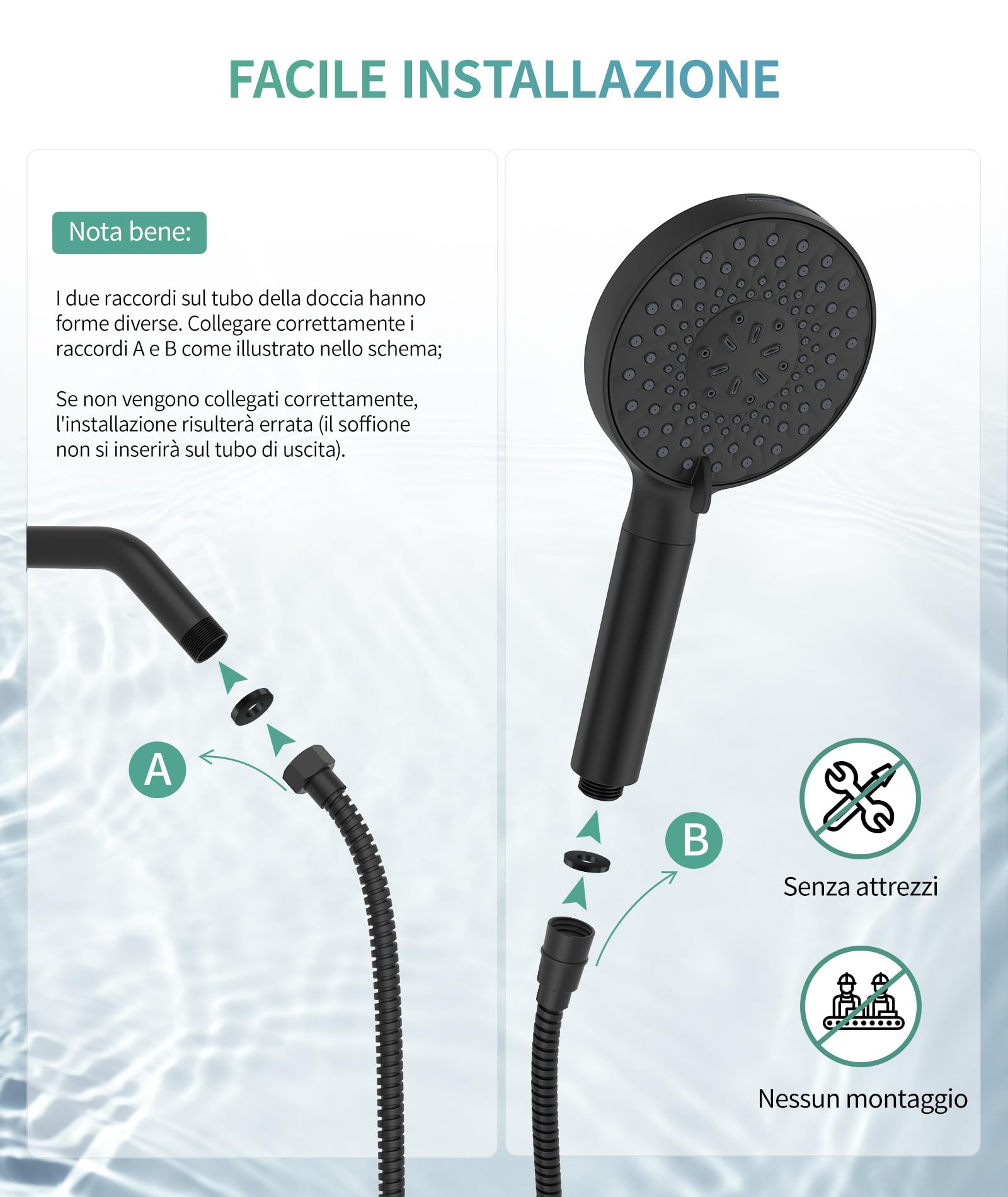 SR SUN RISE Soffione Doccia con 4 Filtro e Tubo Anticalcare Nero Opaco | Doccino Filtrant ad Alta Pressione e 9 modalità, Telefono Doccia e Tubo contro l'Acqua Dura, Cloro Residuo e Metalli Pesantii