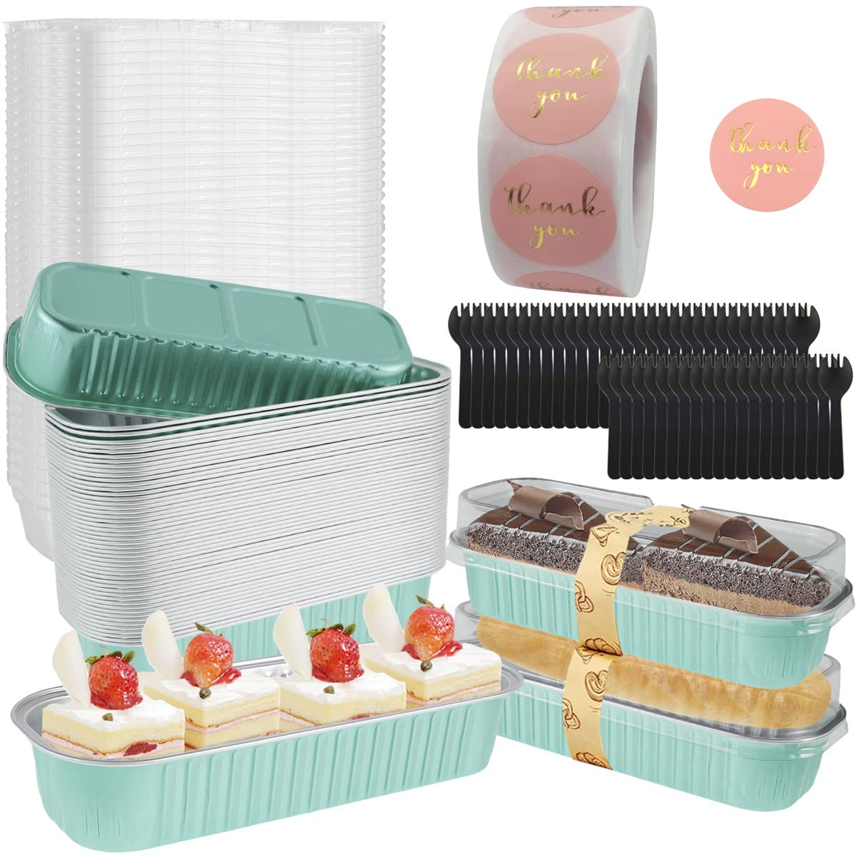 Txkrhwa 50Pcs Mini Loaf Pans with Lids and Spoons 6.8oz Rectangle Aluminum Foil Baking Pans Reusable Mini Bread Containers Muffin Tins Heat-Resistant Narrow Cake Pans for Mini Brownie Cake Bread
