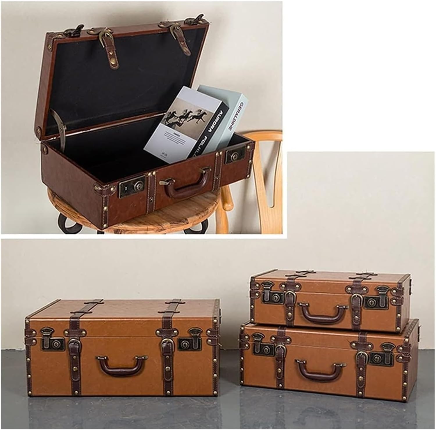 Vintage Wooden Storage Chest, Vintage Suitcase, Vintage Suitcase, Decorative Storage Trunks, Vintage Leather Suitcase for Home Decoration Window Decoration(Brown,54x34x20cm)