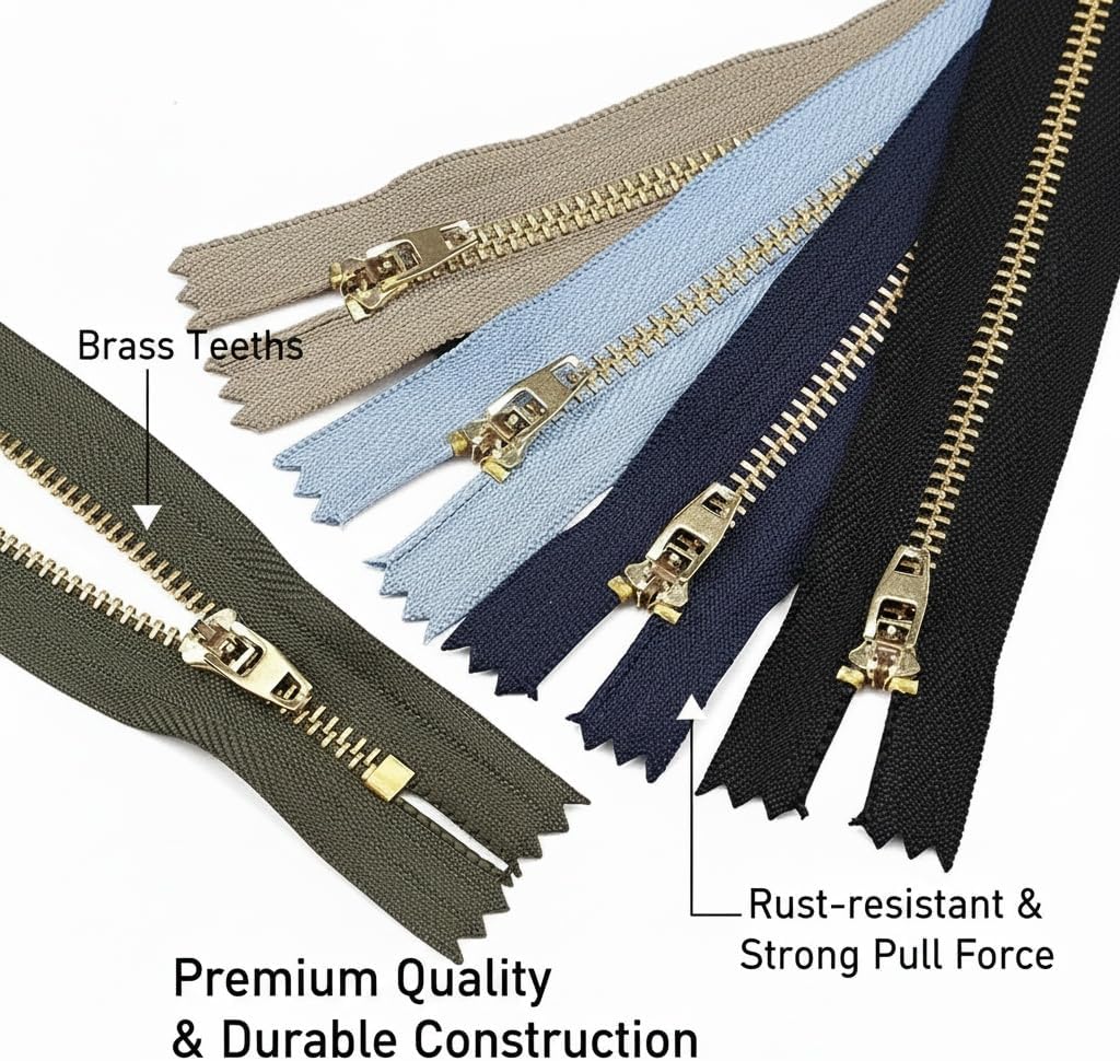 Wonesifee #4 10 Pcs Jeans Metal Zipper Bulk Brass Teeth 6" Close End Zipper for Sewing Fly Fronts 5 Colors Assorted Zippers for Pants Purse Wallet Bag Pocket DIY (Mixed 4/5/6/7 inch (20pcs))