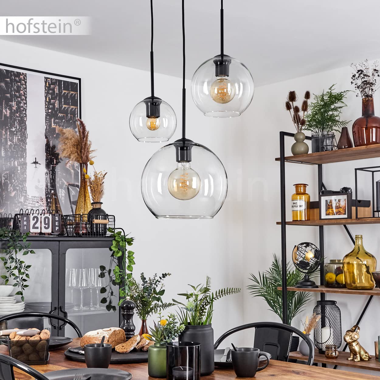Lampada a sospensione Koyoto, lampada in metallo/vetro in nero/oro/chiaro, design retrò con paralumi in vetro (Ø15 cm; 20 cm; 25 cm), altezza massima 146,5 cm, 3 luci, 3 x E27, senza lampadina/e