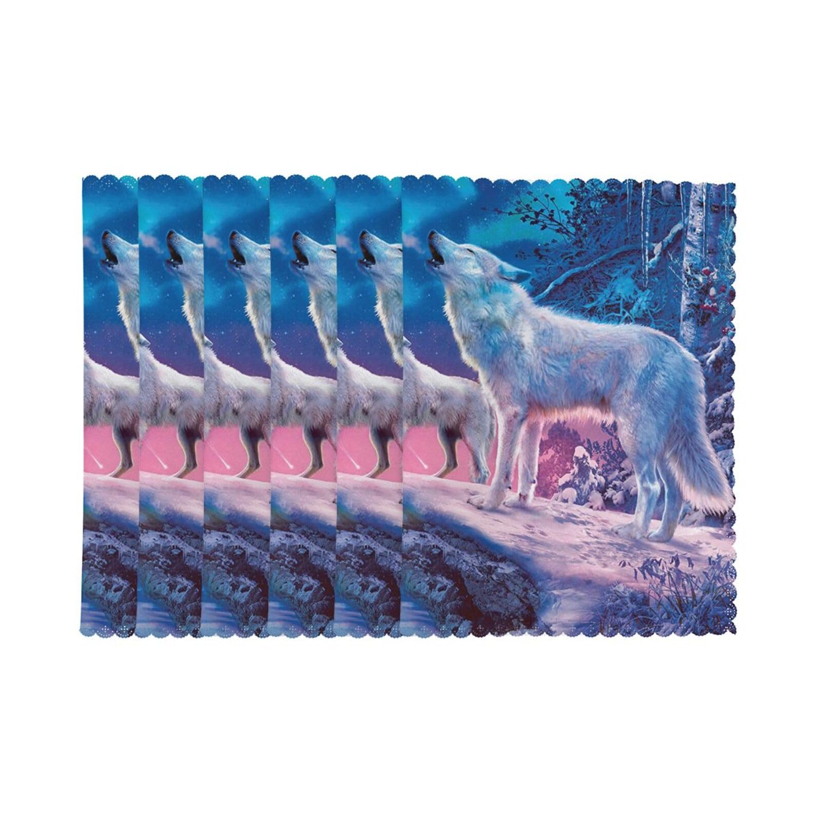 6 PCS Heat Resistant Placemat 45x30 CM, Howling Wolf Printed Non-Slip Place Mats for Kitchen Dining Table Indoor Outdoor