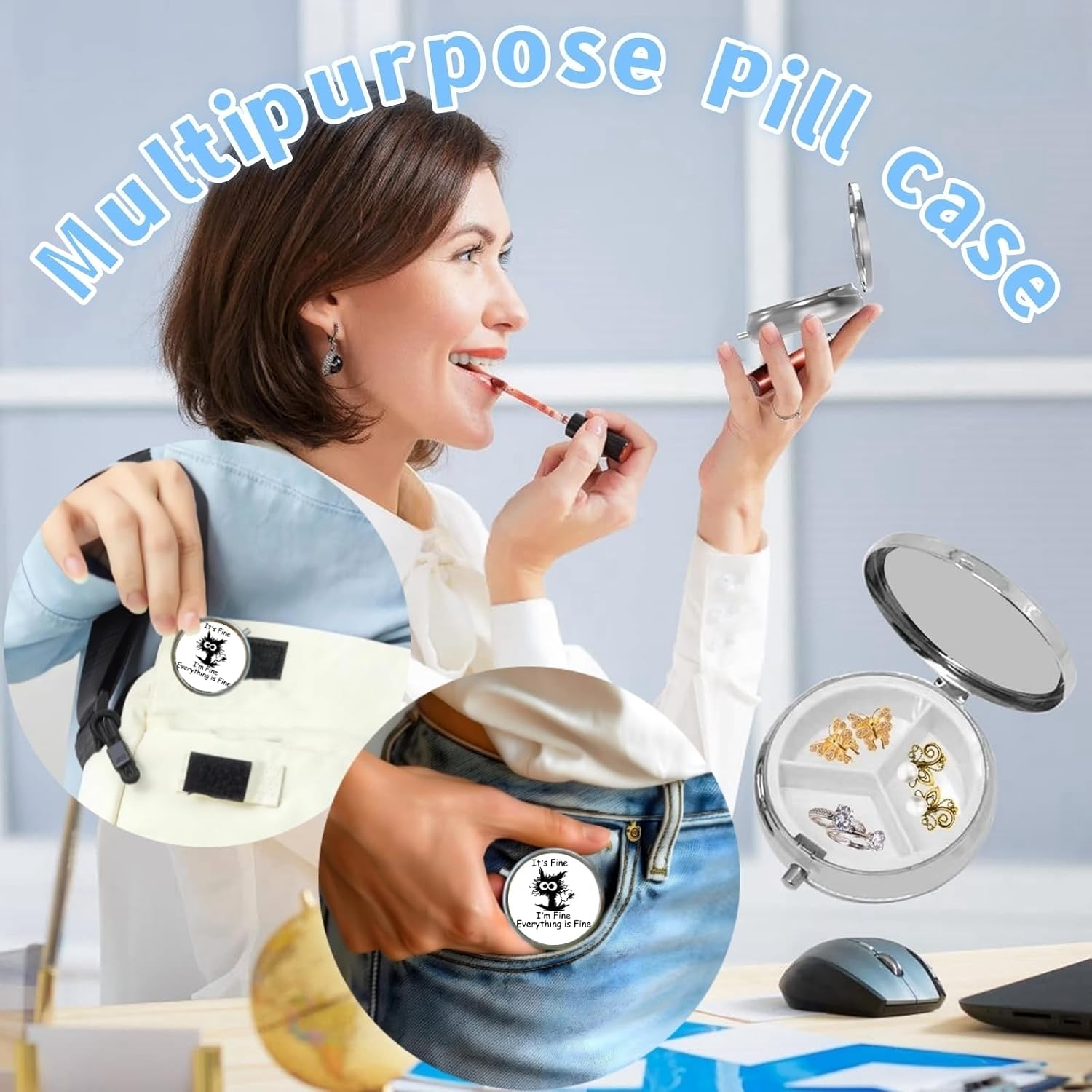 3 Compartment Travel Pill Case, Sealed Portable Pill Container Mini Size Metal Pill Box for Pocket Purse, Three Times a Day Pill Organizer for Men, Women and Children - Everything is Fine